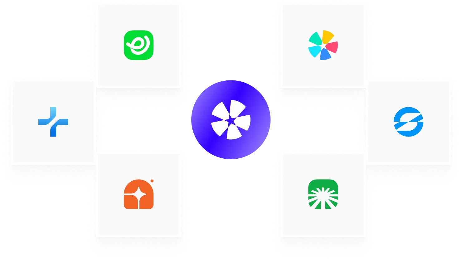 A central purple circle with a white geometric flower logo surrounded by six white squares, each containing a different colorful company or app logo.